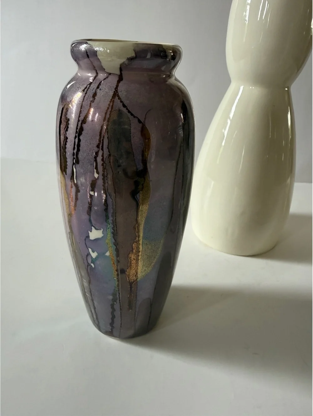 Lot of 3 Decorative Art Glass Vases Purple Iridescent White Silver Bubble Glass